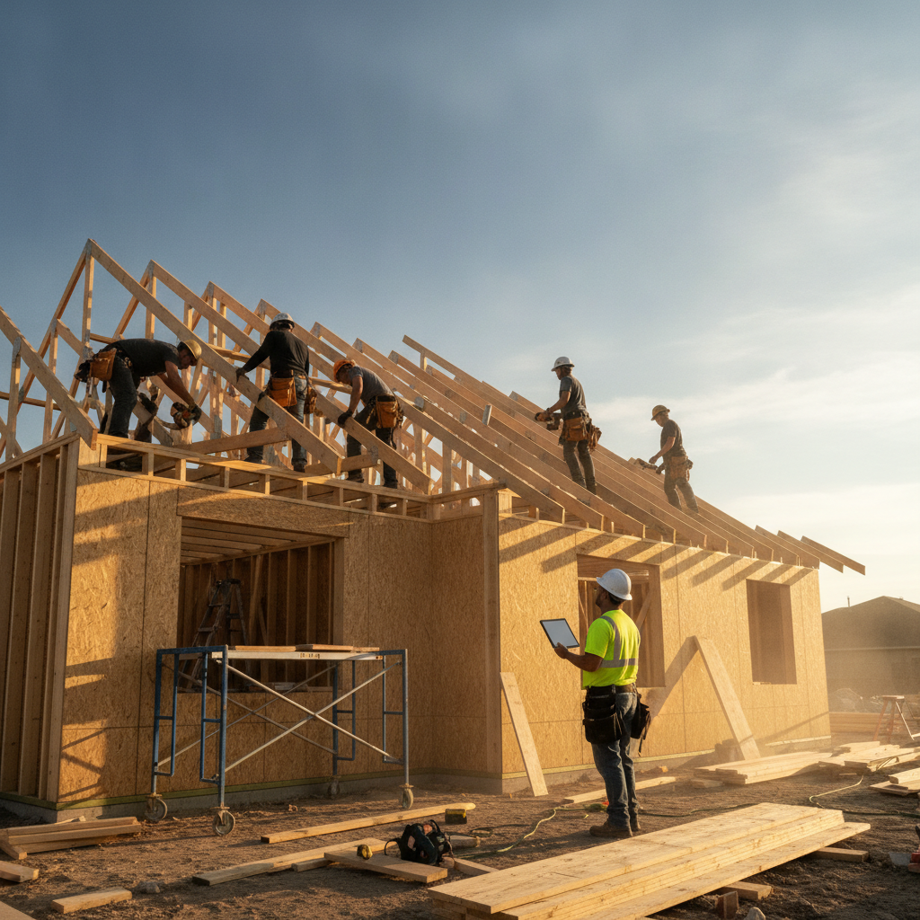 Framing crew setting roof trusses on a calm, well-organized custom home site