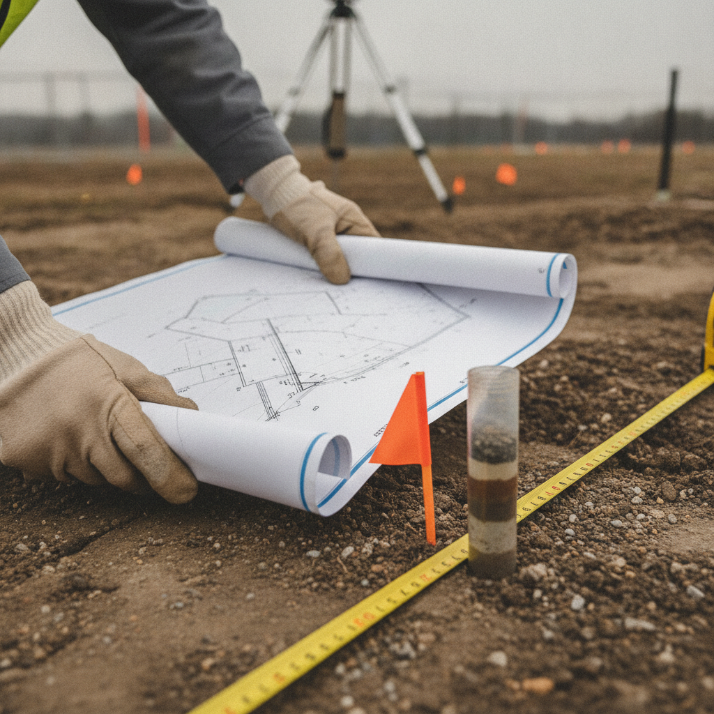 Close-up site plan, soil sample, and measuring tape showing pre-build land checks for building a house on land