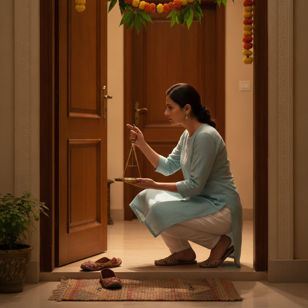 Vaastu consultant in Brampton using a handheld compass at a home’s main entrance during a buyer walkthrough