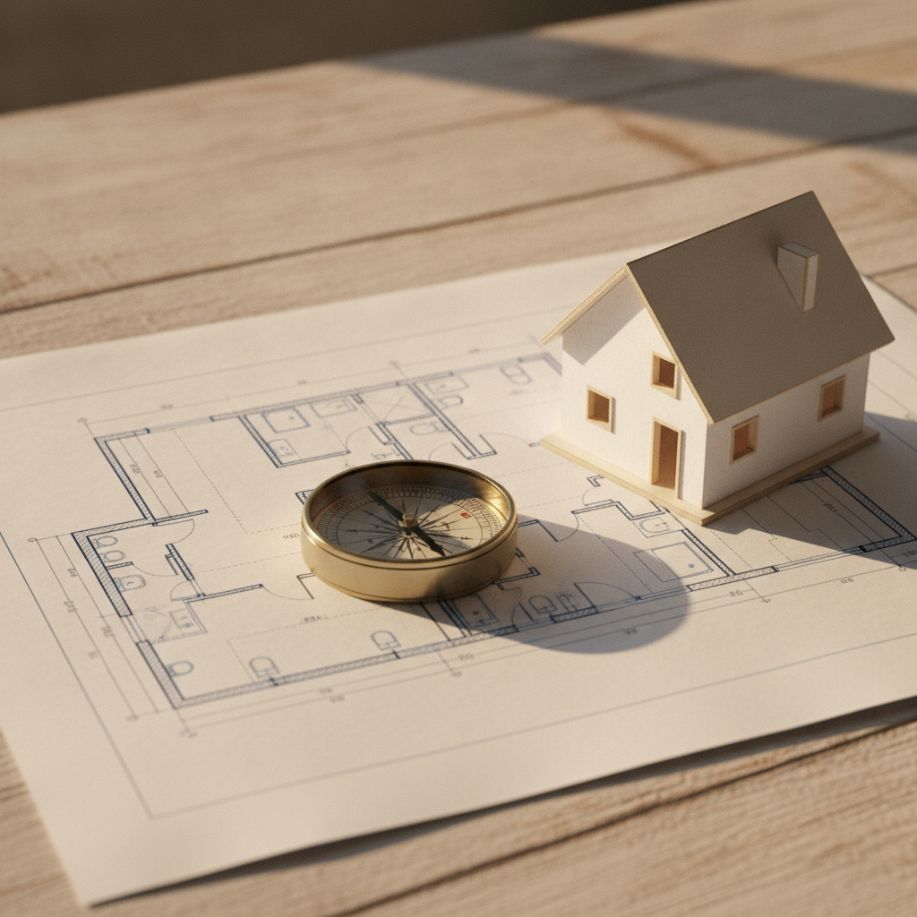 Close-up of floor plan and compass used to score a home Vaastu checklist for buyers