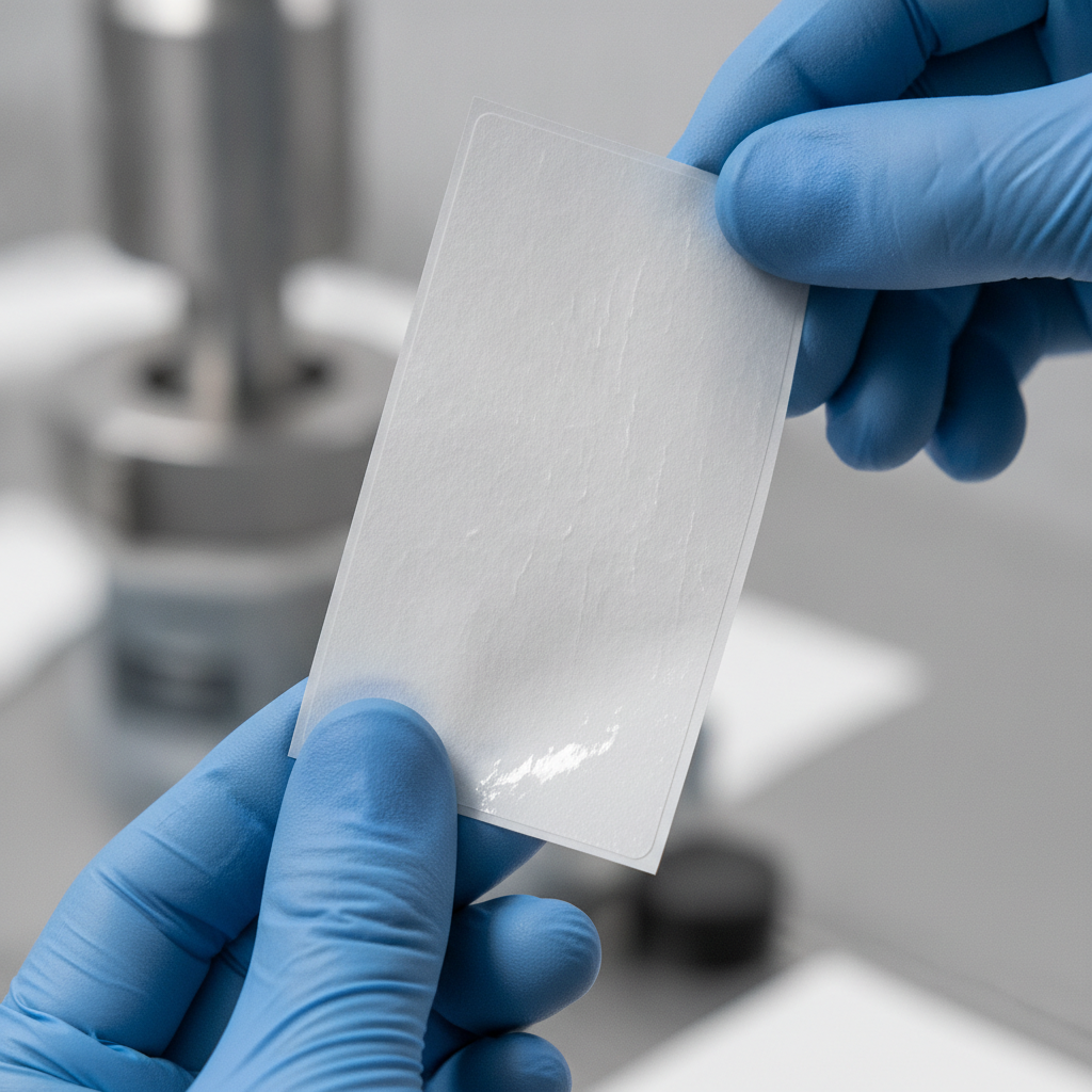 Close-up of durable workplace safety label material being peeled from liner, showing adhesive texture and edge detail