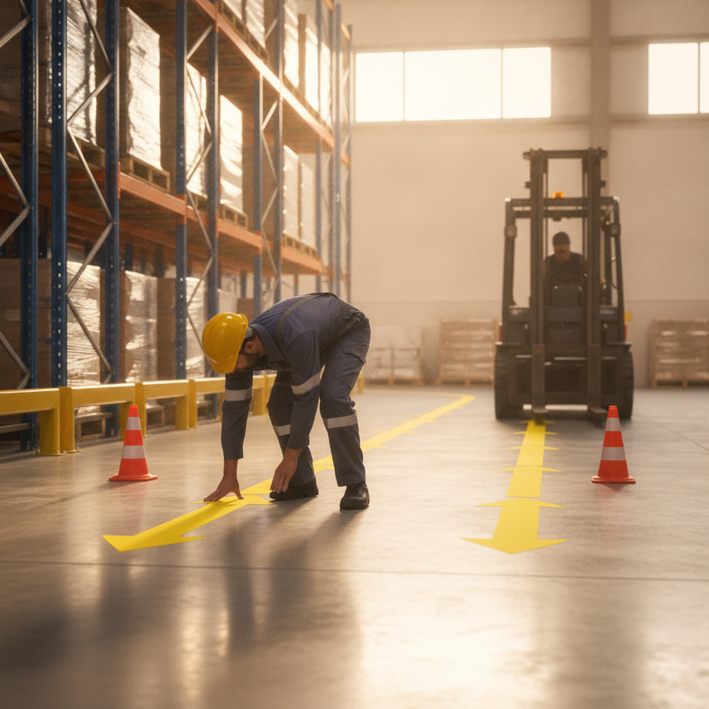 Technician applying bright arrow floor tape to separate forklift lanes and pedestrian walkways in a warehouse