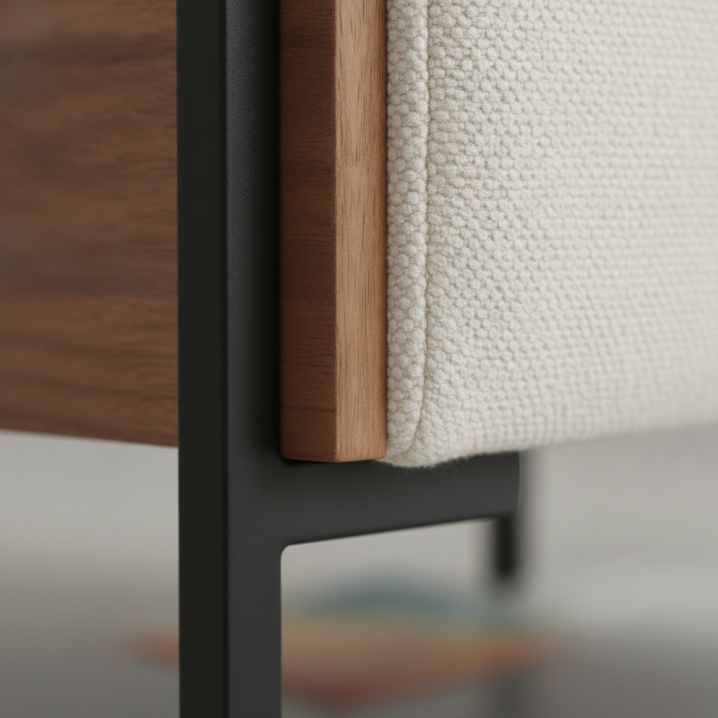 Close-up of modern furniture materials: black steel leg, walnut edge, and textured bouclé supporting a modern furniture style guide