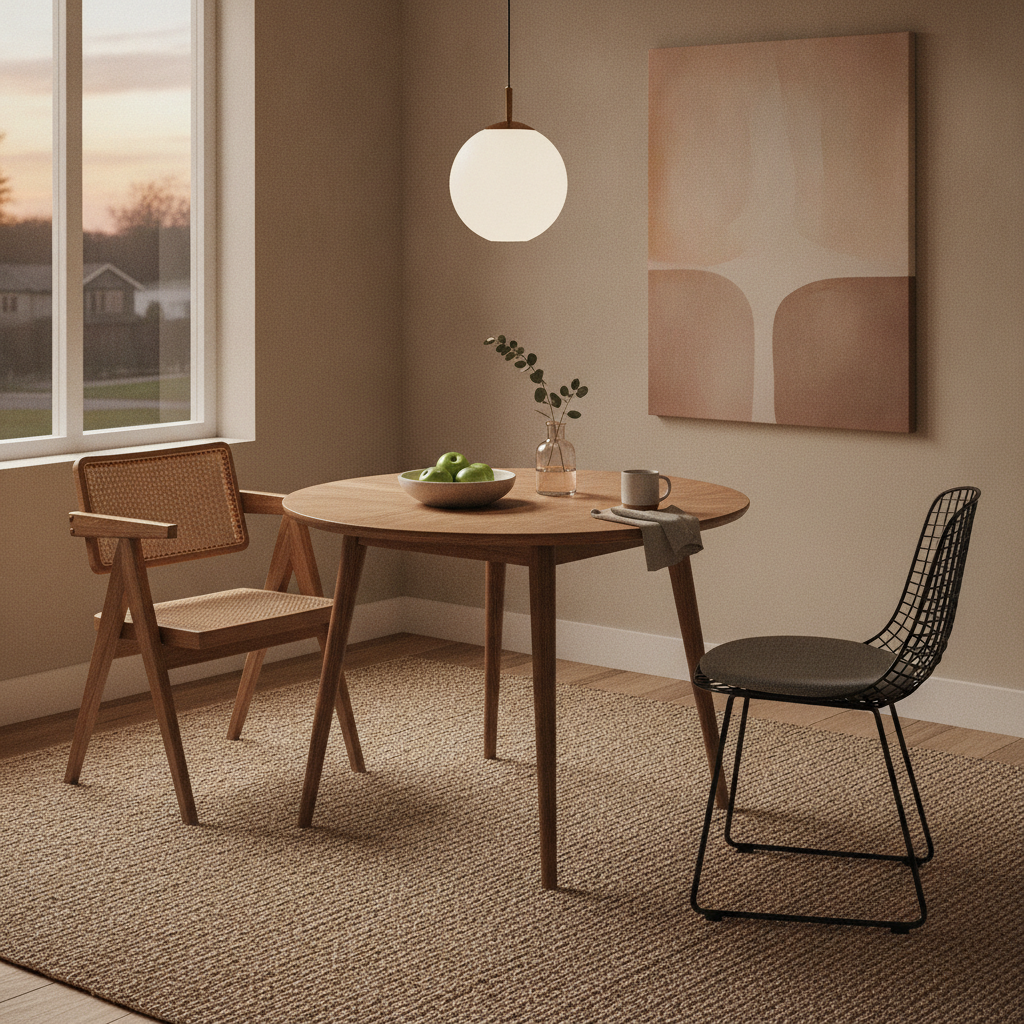 Modern dining scene in an American home with cane and wire-inspired chairs around a slender table, supporting modern furniture style decisions