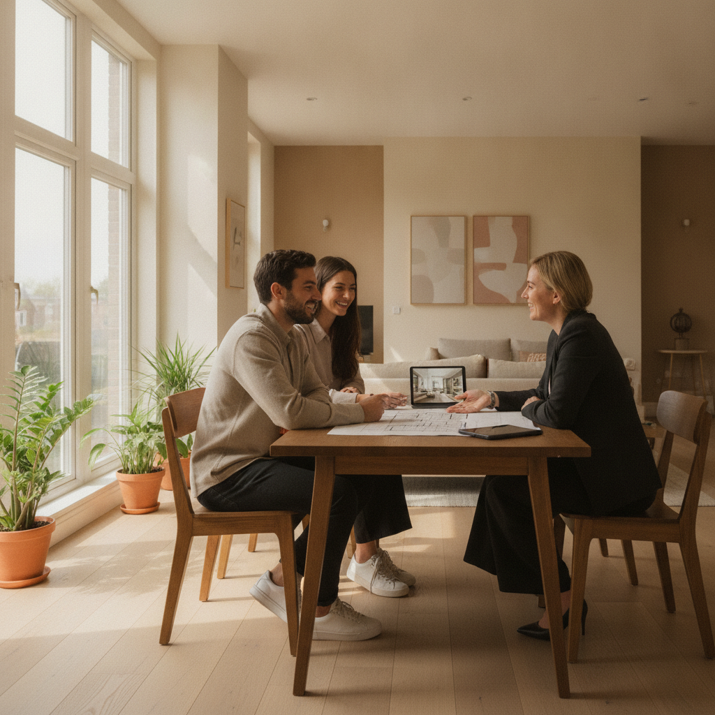 Buyer consultation in a Cambridge home reviewing MLS shortlists and offer steps