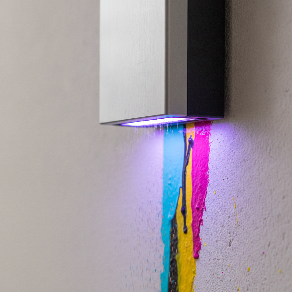 Close-up of UV printer curing ink during direct-to-wall feature wall printing, showing crisp color and detail