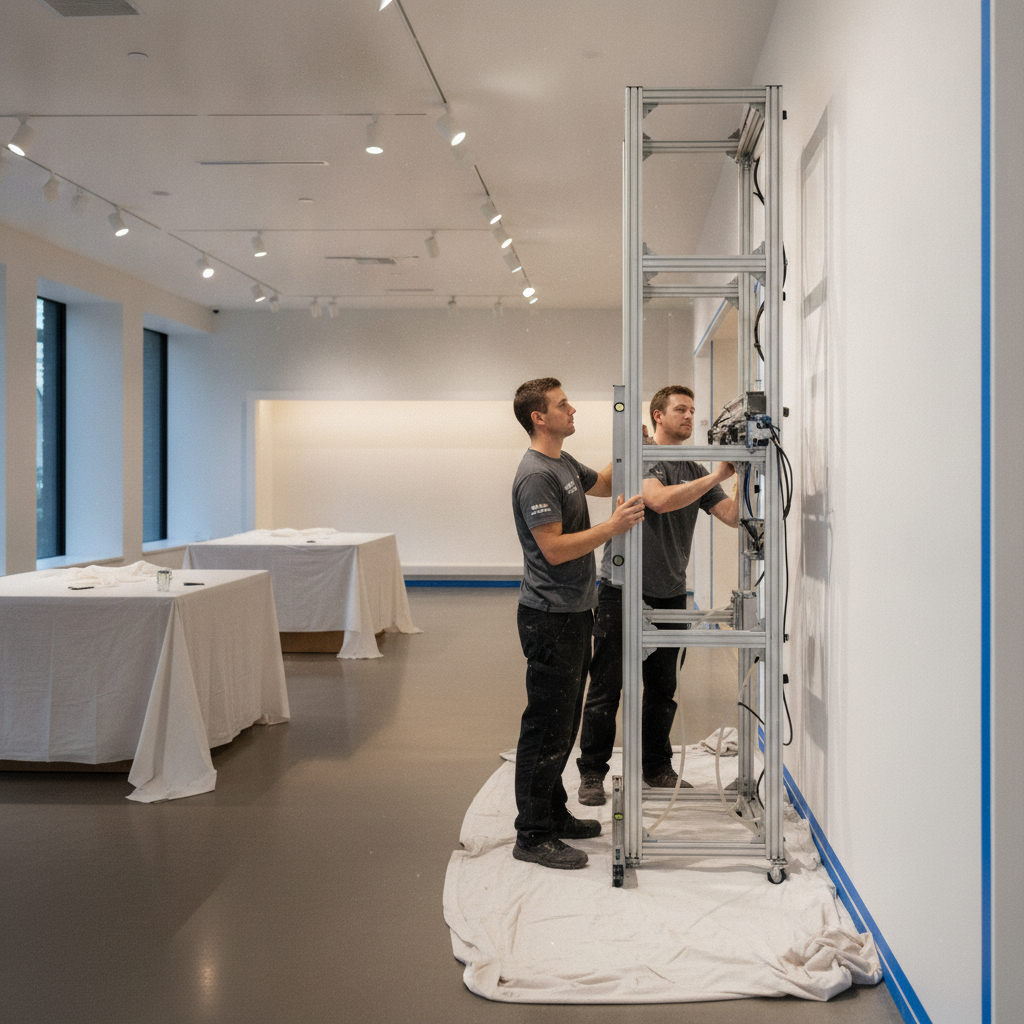 Installers aligning a direct-to-wall UV printing rig and rails in a Brampton retail space with masked edges and clean staging