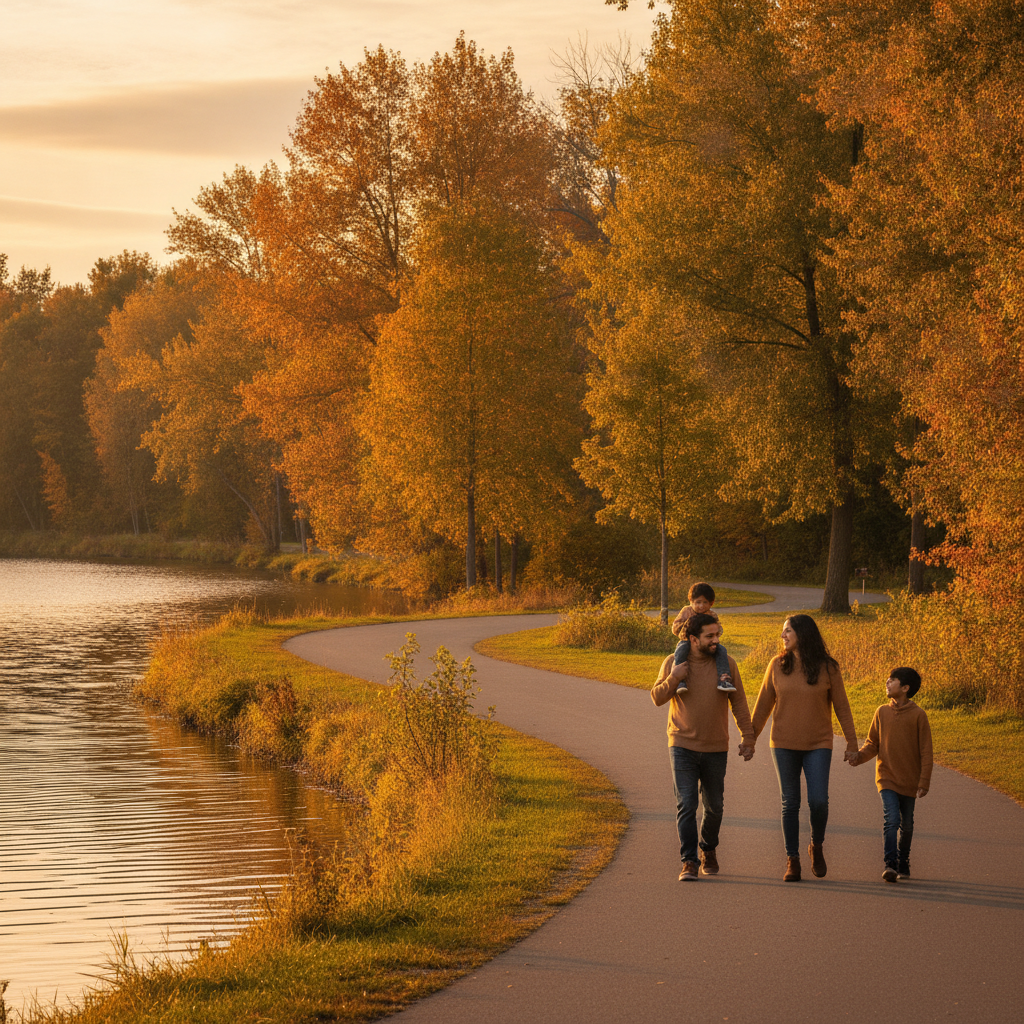 Family walking at Professor’s Lake Park in Brampton after meeting a lawyer about family law and legal aid options