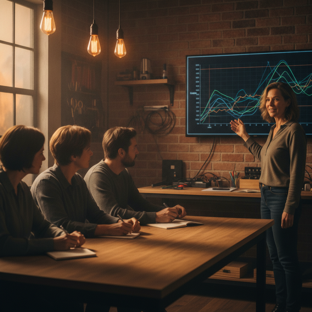 Instructor-led workshop illustrating chart concepts for share trading courses without any on-screen text
