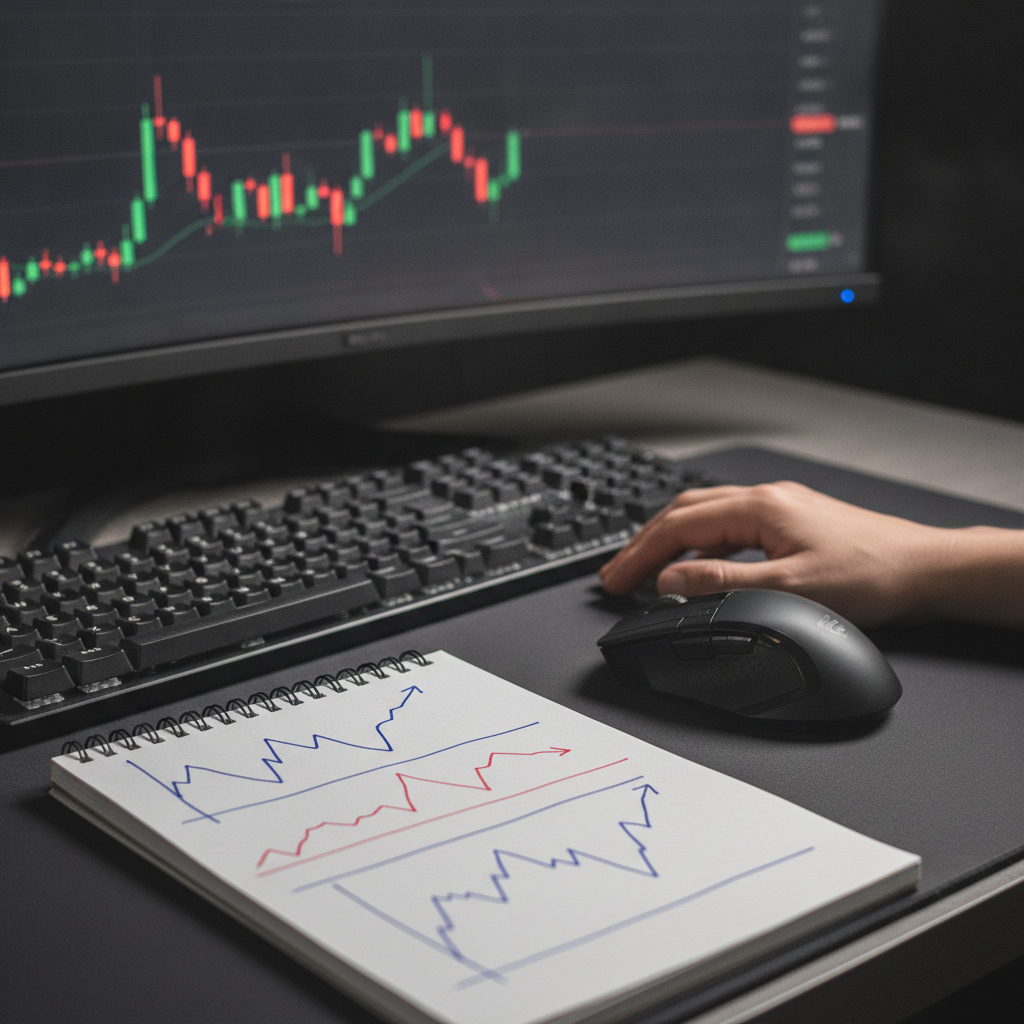 Close-up of hands practicing entries and exits in share trading courses with charts blurred in background