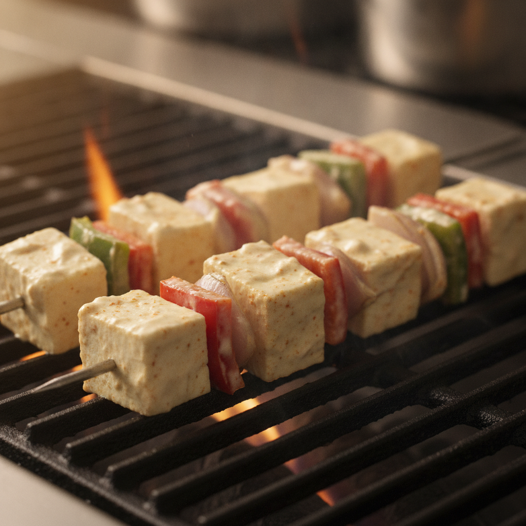 Macro of paneer shashlik skewers brushed with thick strained‑yogurt marinade before grilling for a restaurant‑style sizzler