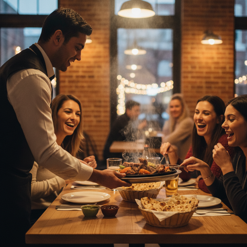 Server setting down a sizzling paneer shashlik platter at La Tikka’s table with naan and chutneys, warm Hamilton bar ambiance