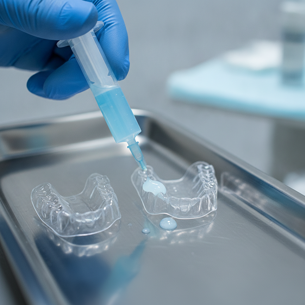 Close-up of professional whitening gel and custom trays prepared for dentist-supervised bleaching in Scarborough