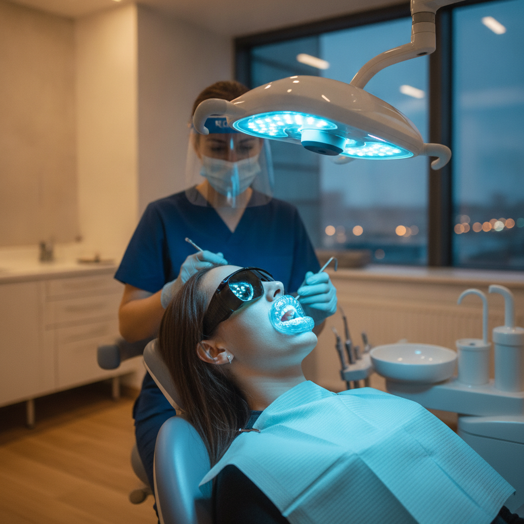 In-office professional teeth bleaching with LED activation light at a Scarborough dental clinic
