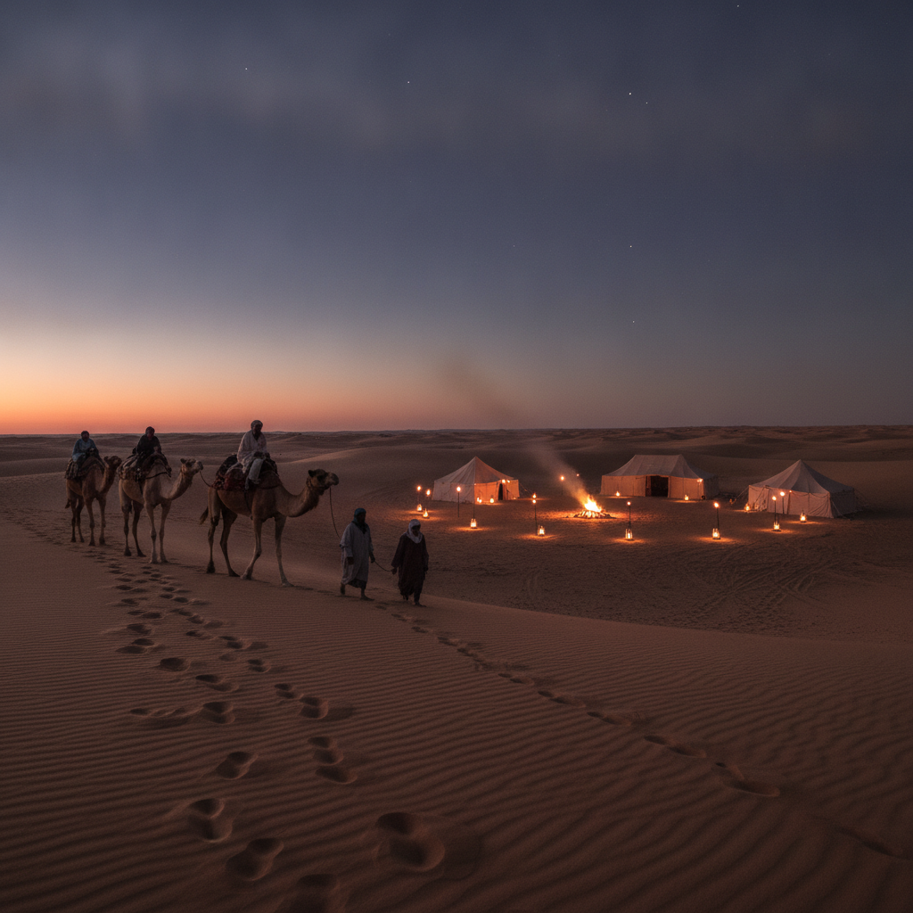 Camel caravan at twilight moving toward a lantern-lit camp, a signature scene on Dubai desert tours after Pakistan Yatra