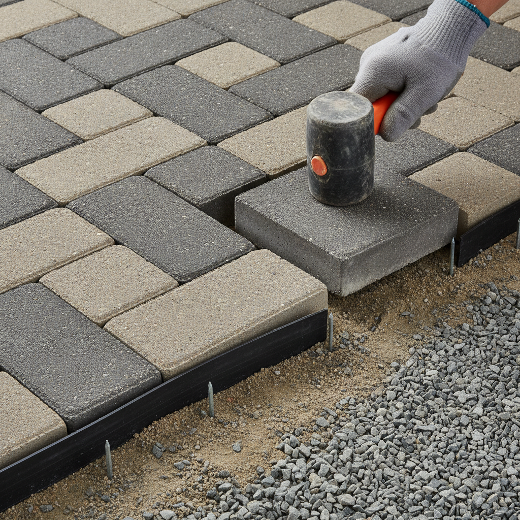 Detail of interlocking paver installation in Mississauga with compacted gravel base, edge restraint, and clean joints for long‑lasting landscape design