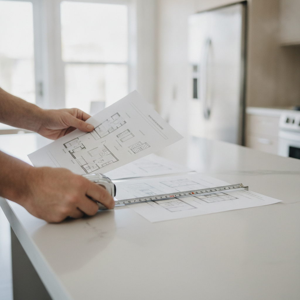 Close-up of homeowner reviewing property details to refine a home value estimate online on a kitchen island