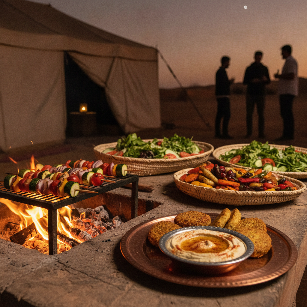 Vegetarian-friendly Dubai desert tours camp buffet with falafel, grilled vegetables, and salads arranged for South Asian travelers