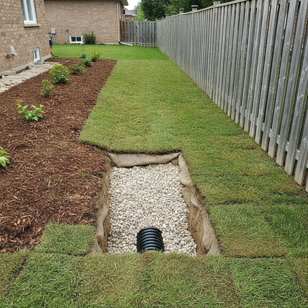 Side yard swale and French drain beside a fence in the GTA, showing graded sod, mulch, and gravel trench to manage stormwater in landscape design