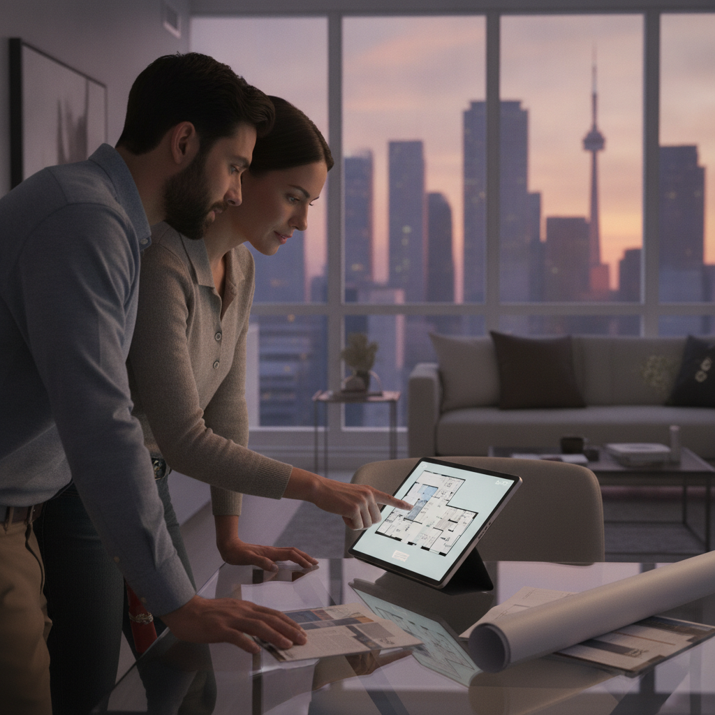 Pre-construction condo paperwork review on a tablet with buyers and a realtor in the GTA
