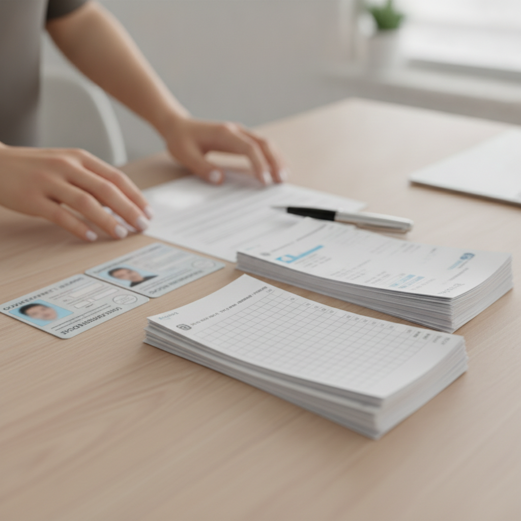 Documents needed to buy a home in Ontario: close-up of IDs, pay stubs, and bank statements organized neatly