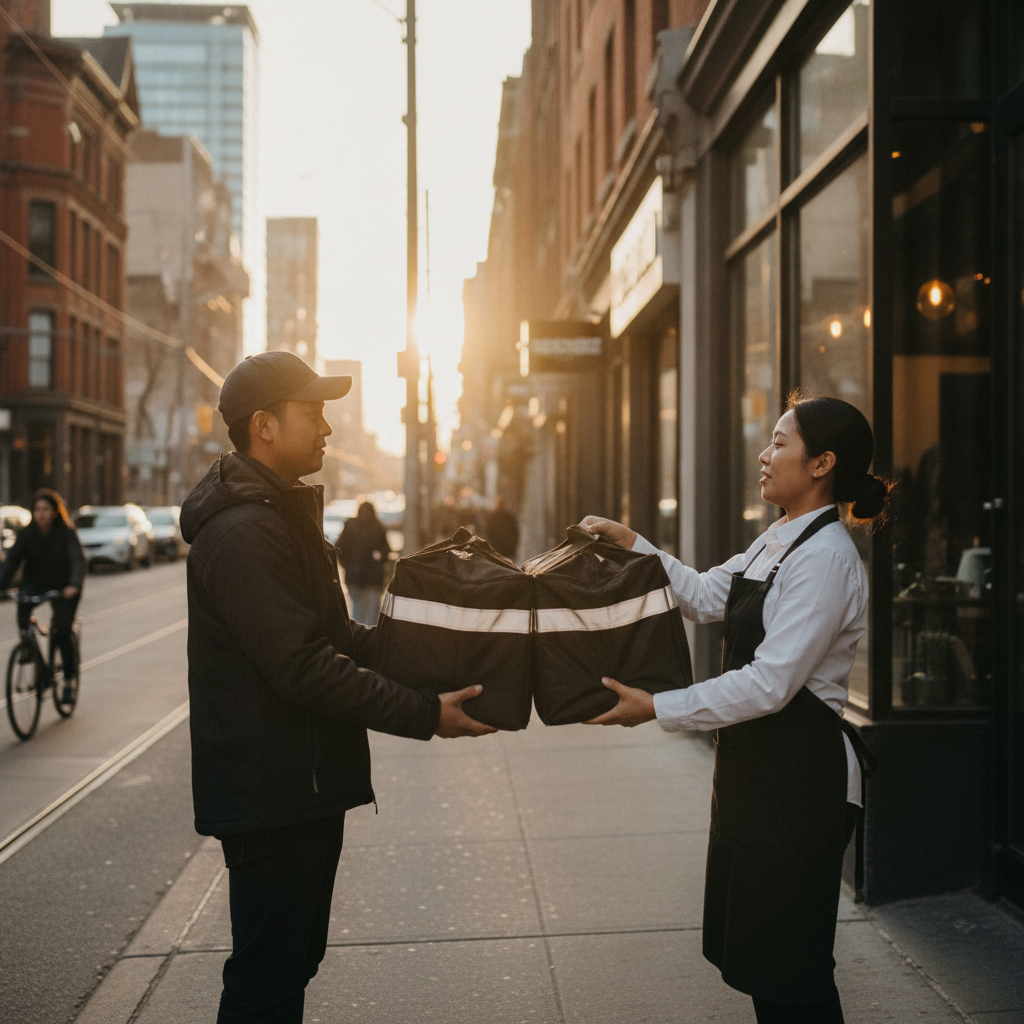 Catering delivery handoff in Old Toronto with insulated bags and golden-hour street scene