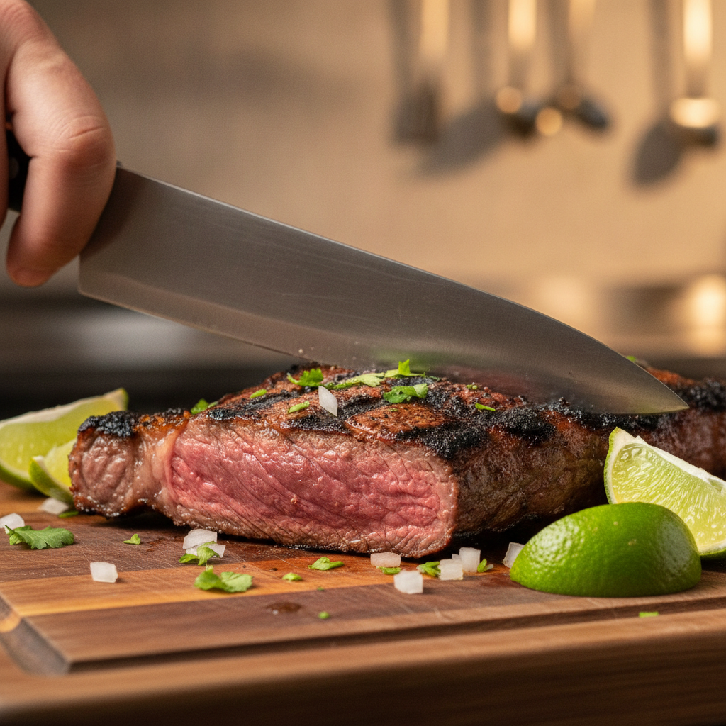 Close-up of grilled carne asada for Toronto Mexican catering with cilantro, onions, and lime wedges