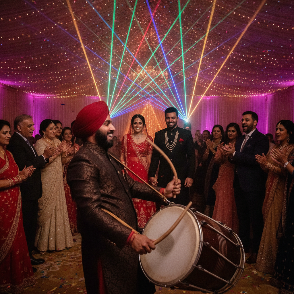 Live dhol entrance under colorful laser lighting in an Oakville reception with coordinated DJ and stage design