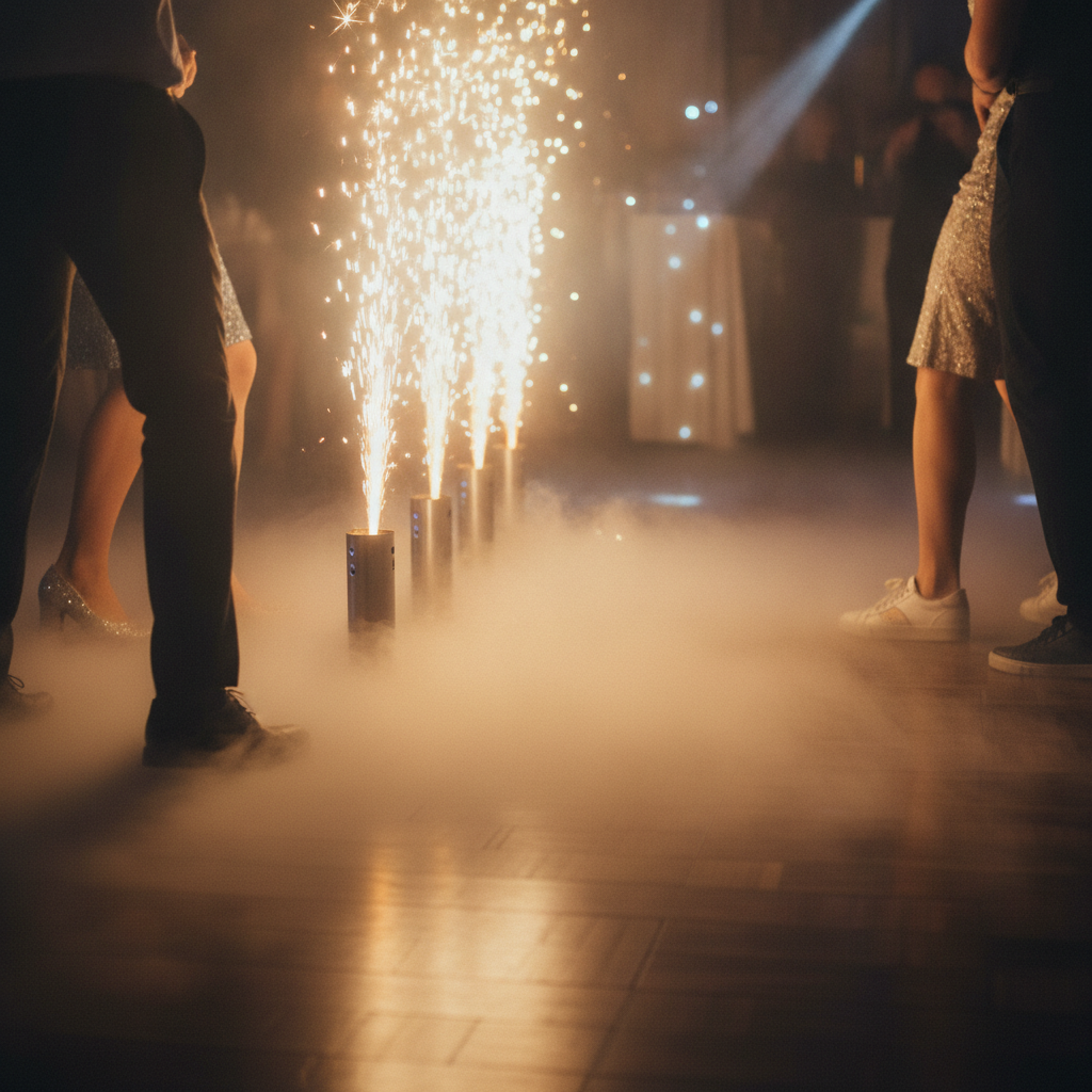 Cold spark fountains and low-lying dry ice during an Oakville wedding entrance and first dance, coordinated with stage decor