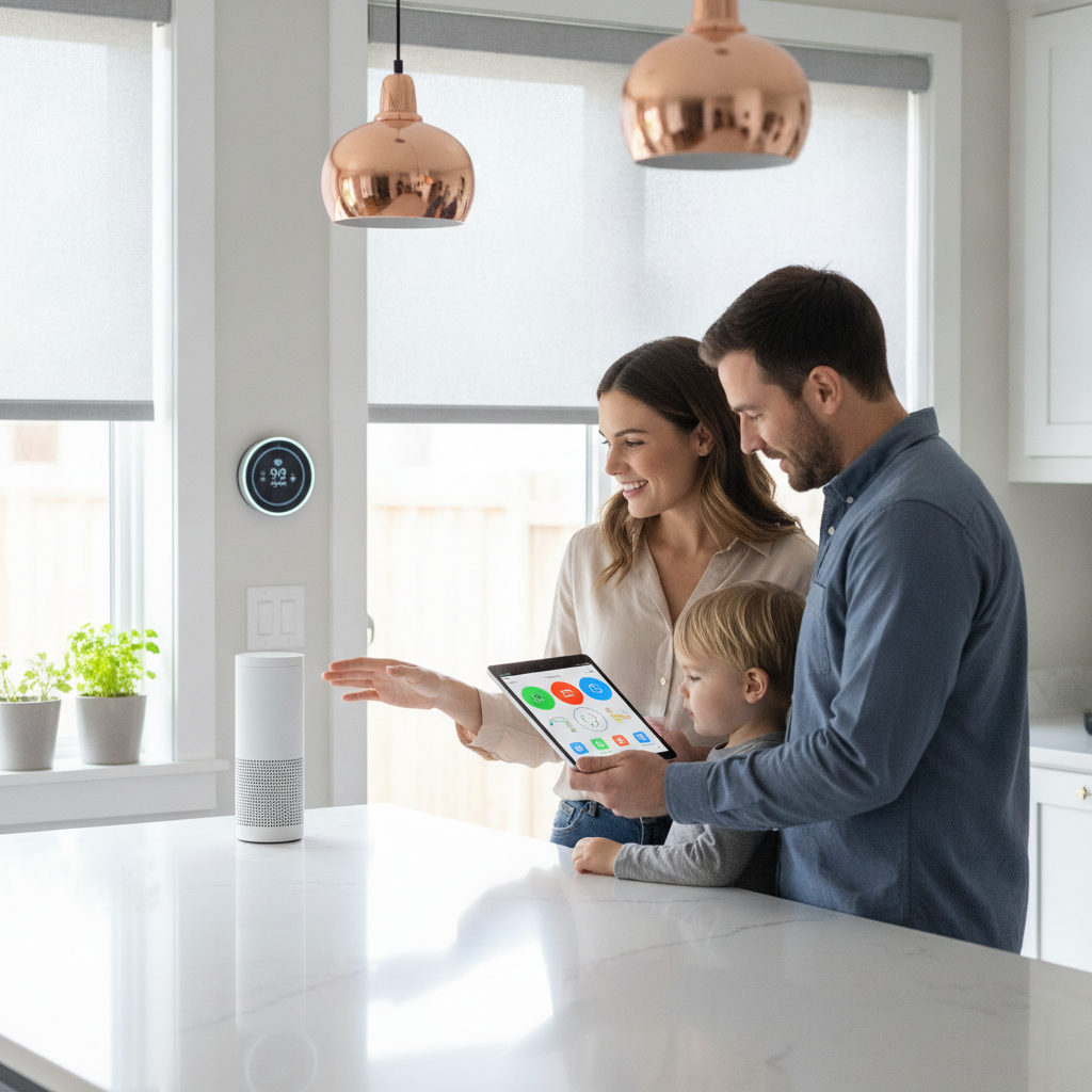 Family using voice and tablet to control climate and shades over a robust home network in Brampton