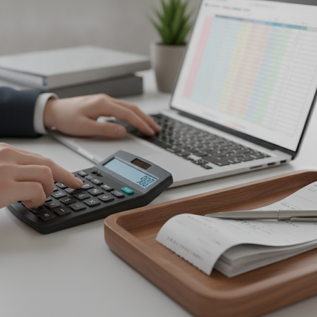 Close-up of an accountant reconciling BAS and payroll with calculator and laptop, illustrating tax and accounting services in Parramatta