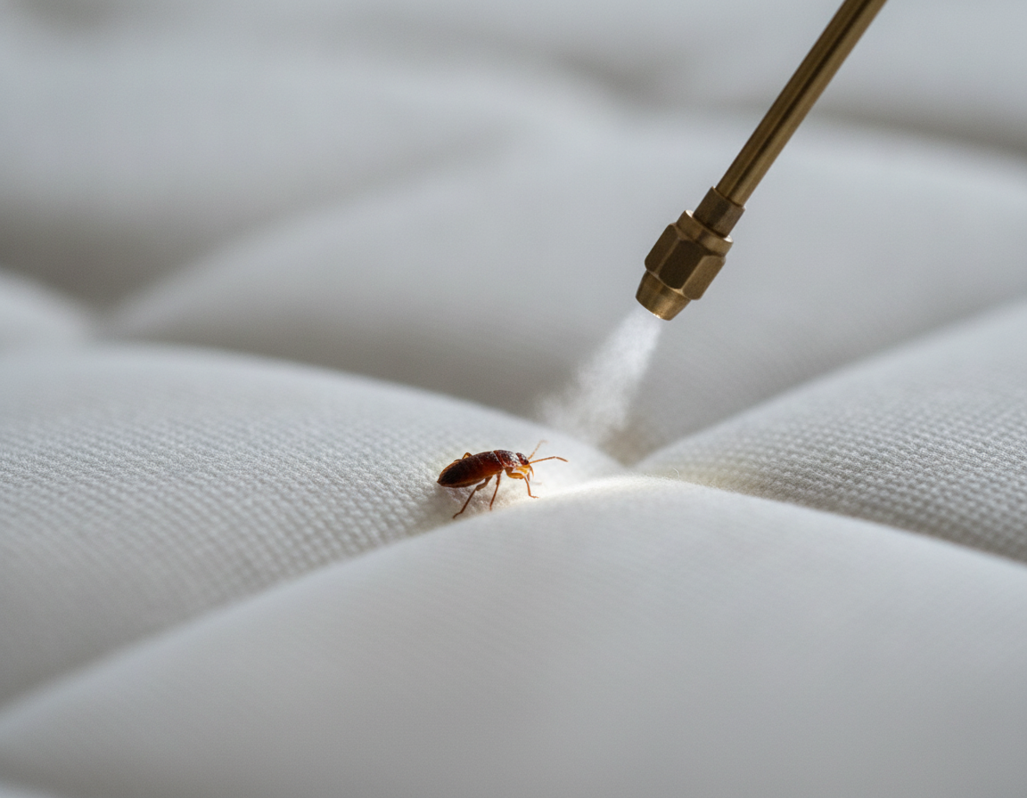 Bed bug heat treatment vs chemical comparison detail: close-up on mattress seam with heat nozzle during thermal remediation