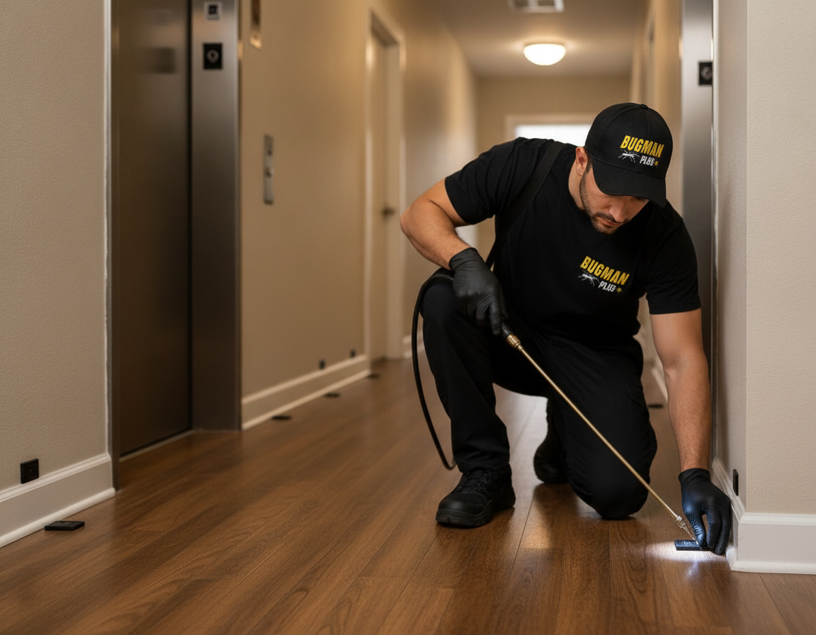 Apartment corridor in Oshawa with pest technician placing monitors and applying residual spray along baseboards near elevator lobby