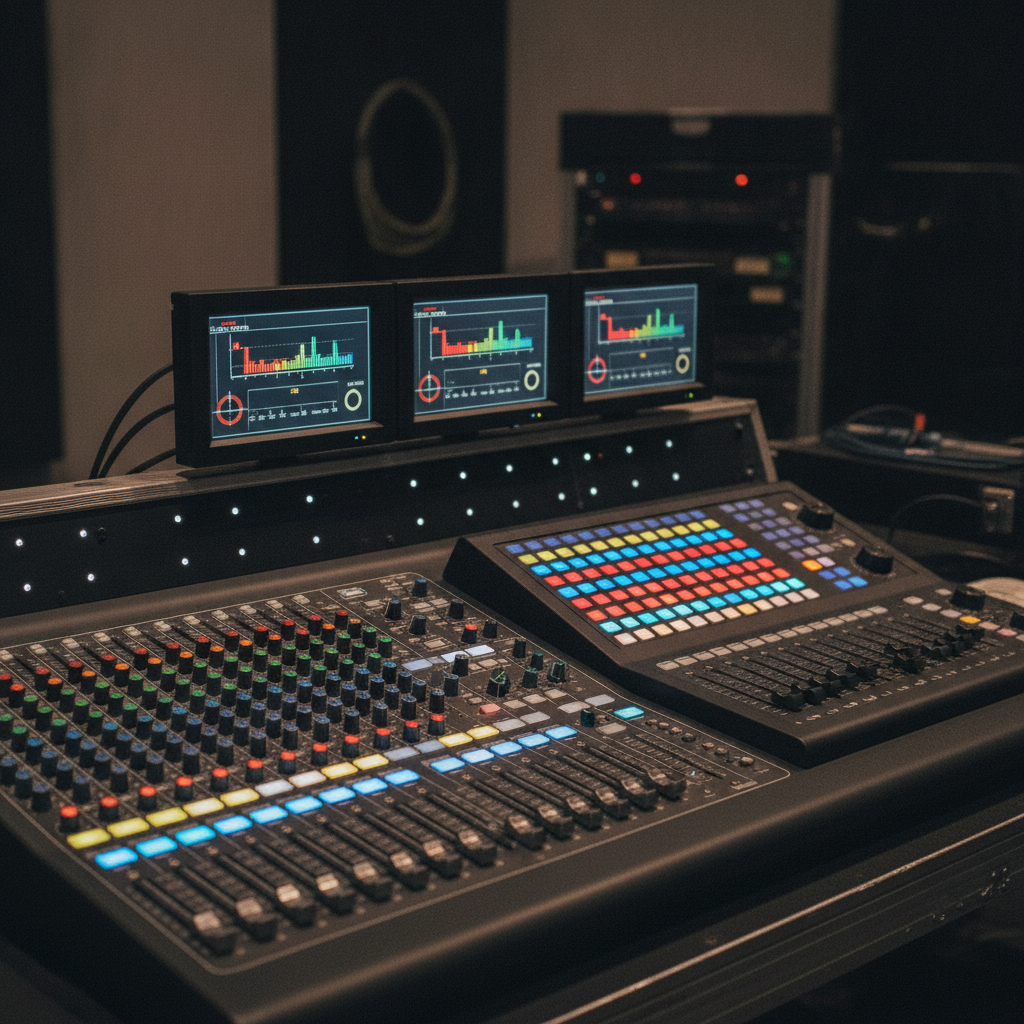 Professional AV console close‑up managing cues at a Mississauga conference venue