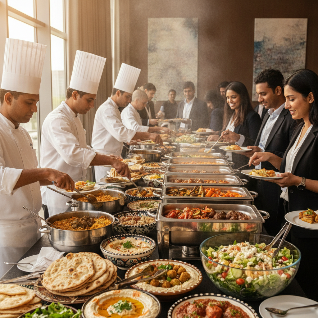 Multicultural Halal‑friendly buffet service during a Mississauga conference break