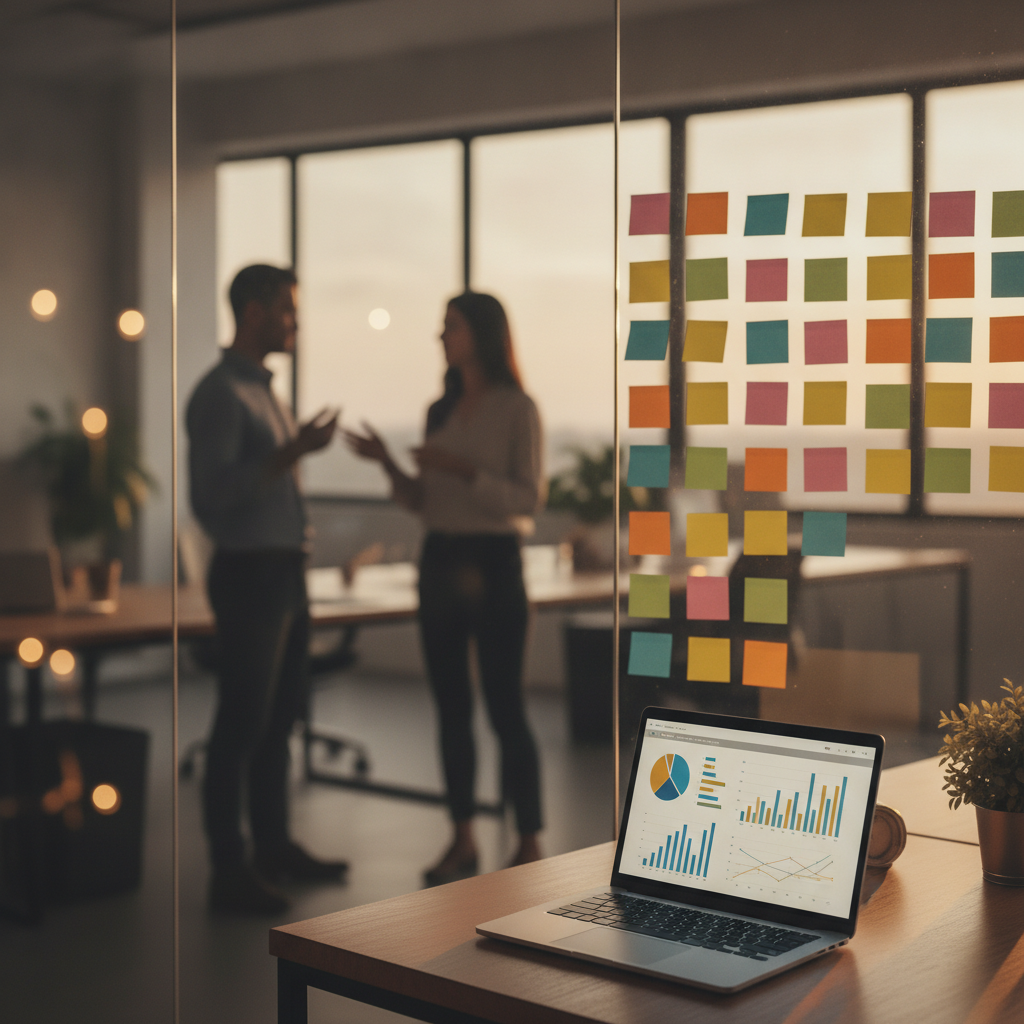 Team planning an SEO content calendar on a glass wall with colorful notes and a laptop nearby