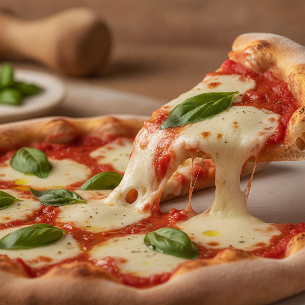 Close-up of Margherita slice with blistered cornicione, molten mozzarella, and bright tomato—hallmarks of authentic Italian pizza in Kemptville