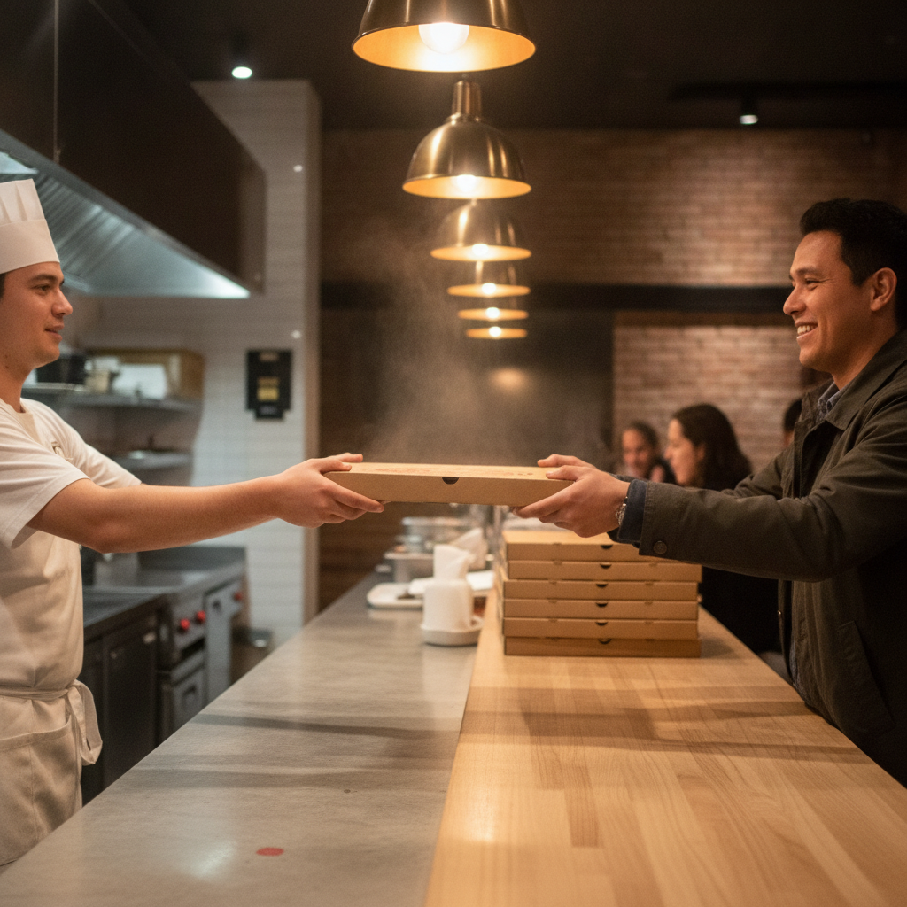 Takeout pizza boxes being handed across a pizzeria counter—Milano Kemptville delivery and pickup flow