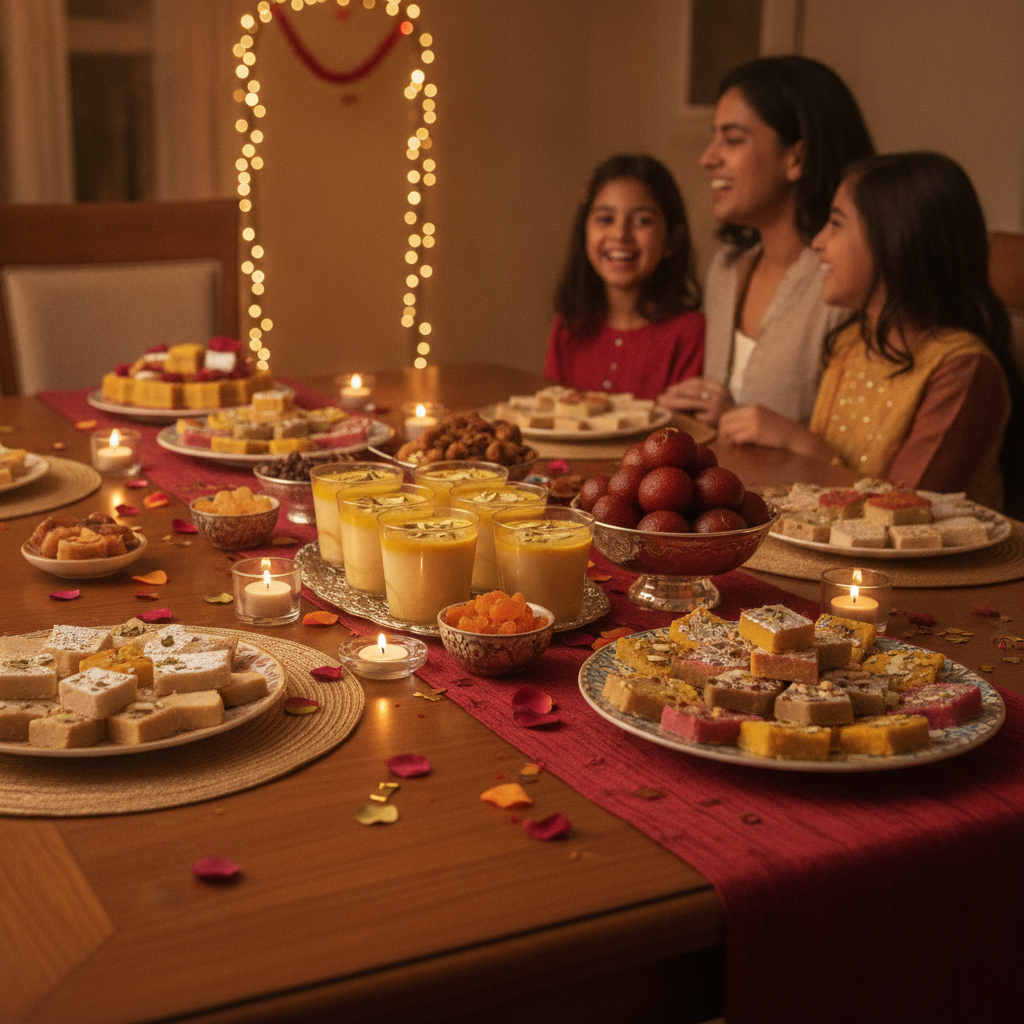 Assorted mithai with rasmalai cups, gulab jamun, and colorful barfi on a family table