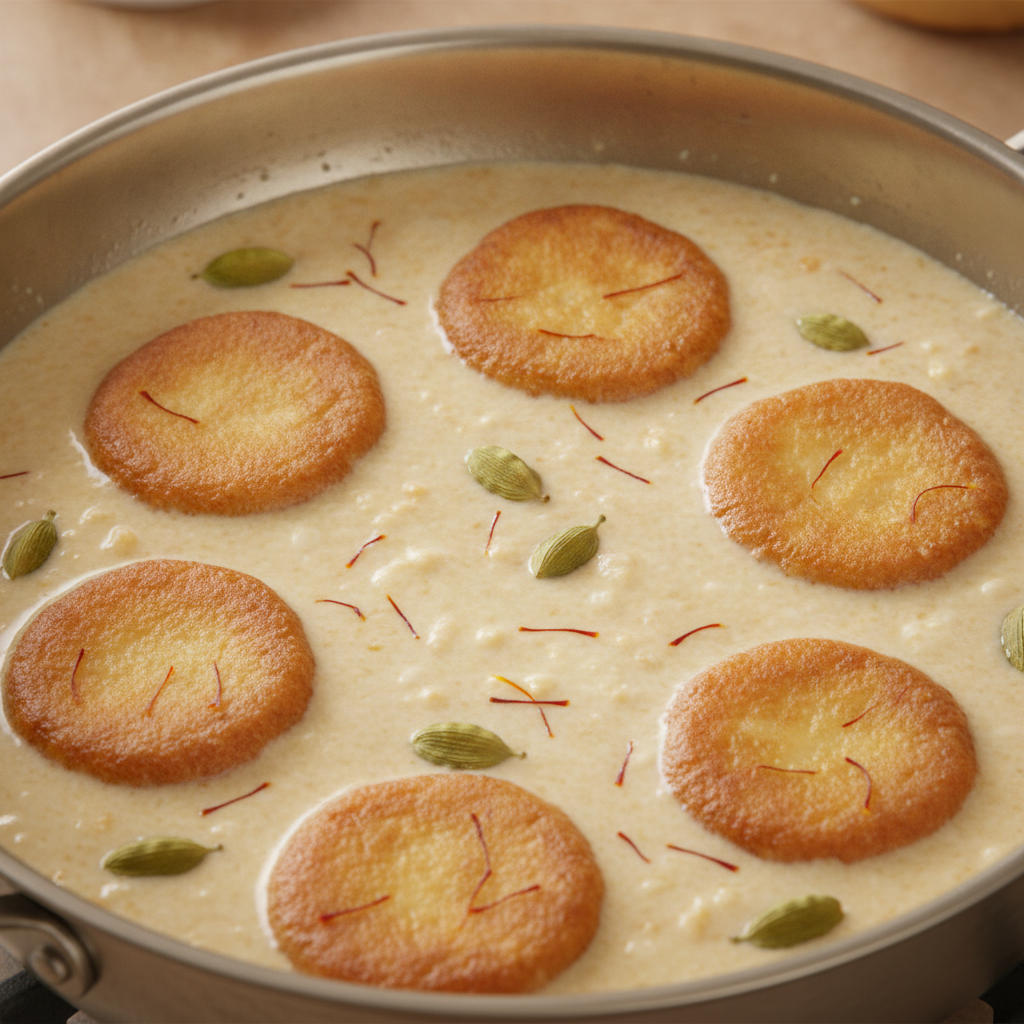 Close-up of rasmalai chenna patties simmering gently in saffron-cardamom rabri