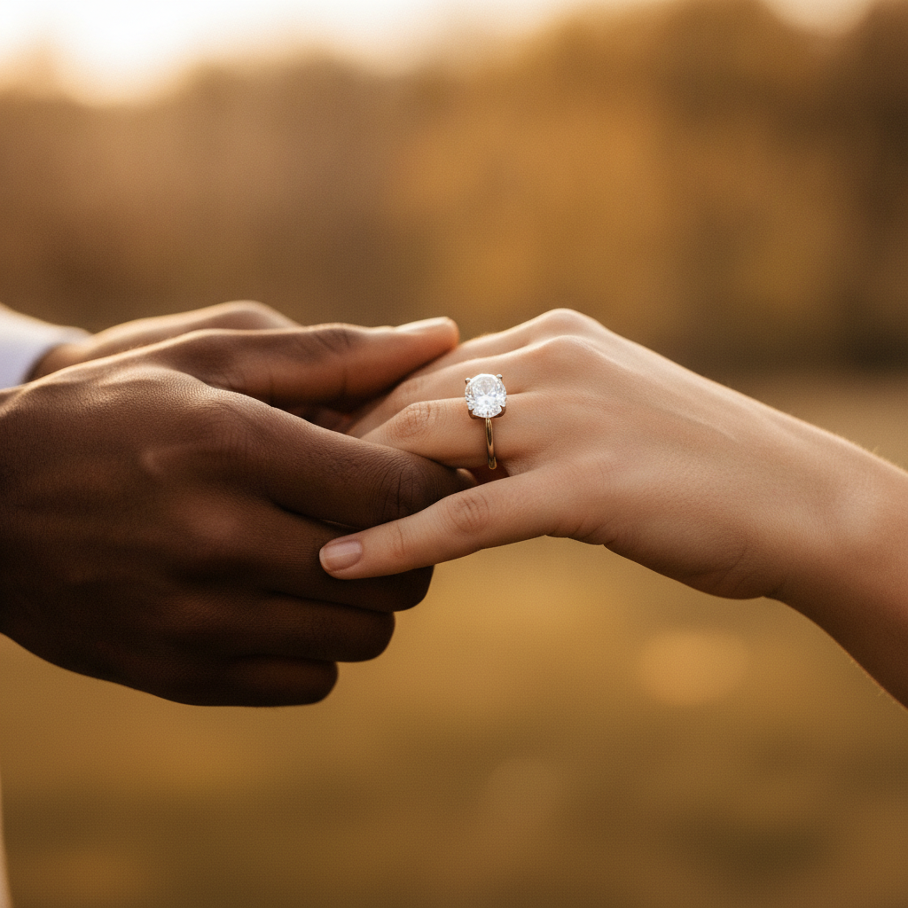 Candid ring exchange scene focusing on lab made wedding band during ceremony