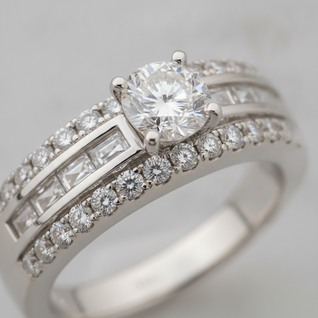 Close-up of lab made wedding ring with pavé diamonds and prong detail in 14k gold