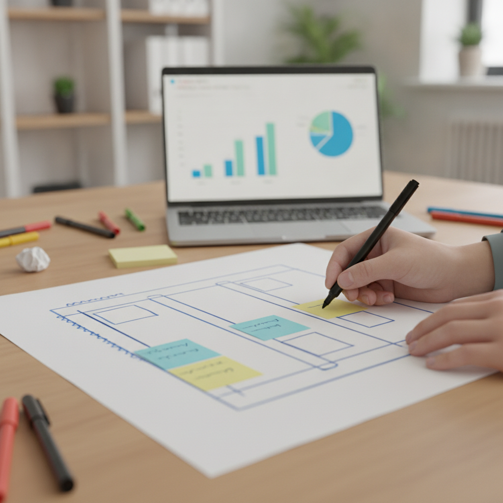Close-up of swimlane mapping and charts used in business analysis certification training