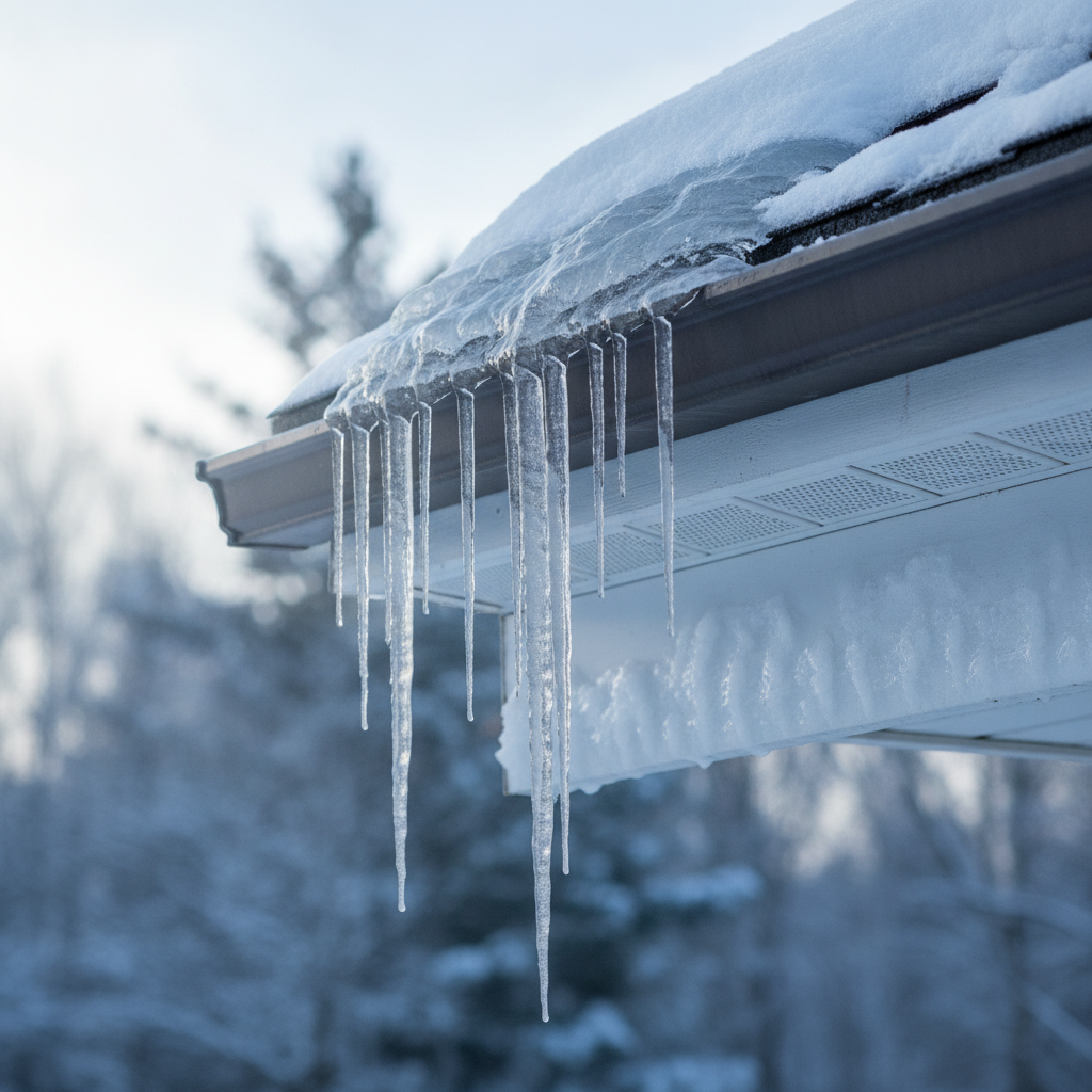 Icicles on Whitby roof eaves showing ice dam risk for home insurance Ontario decisions