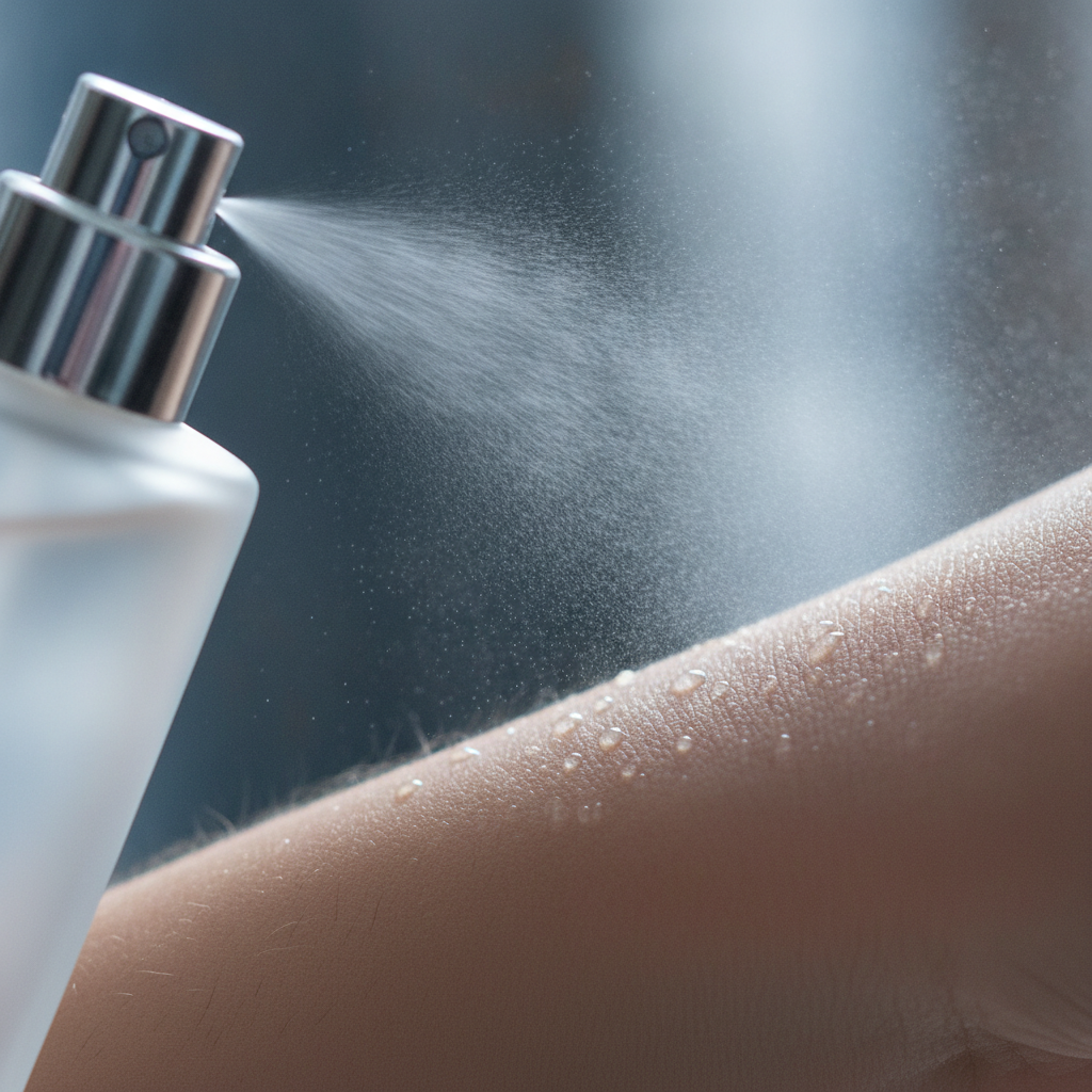 Close-up macro of men’s eau de parfum sprayed on a moisturized wrist to improve longevity