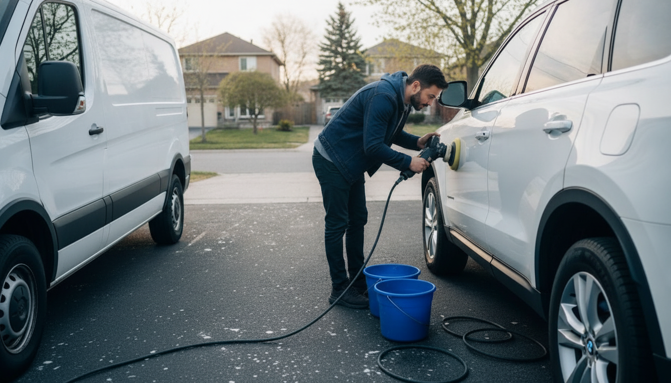 Mobile detailing van in a GTA driveway while a technician polishes an SUV fender before sealant or ceramic application