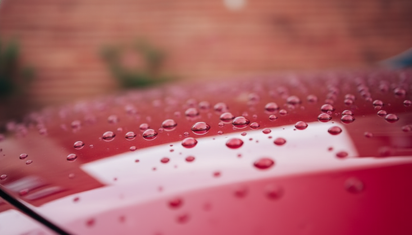 Water beading on ceramic coating showing hydrophobic effect on a red hood in GTA climate