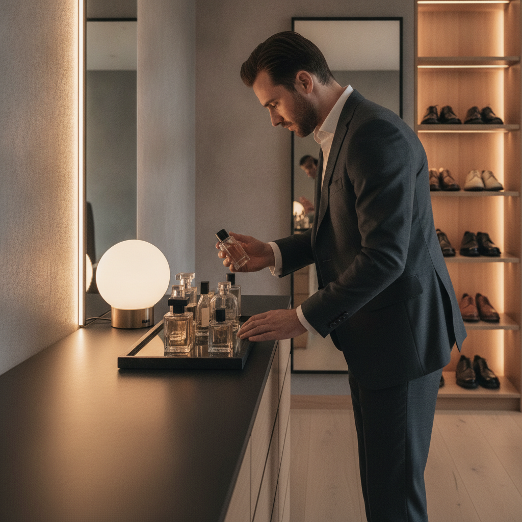 Man selecting a long lasting men’s eau de parfum from a tray before an evening event