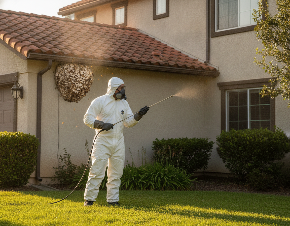 Technician treating a wasp nest at an Oshawa home as part of a local pest control quote and service