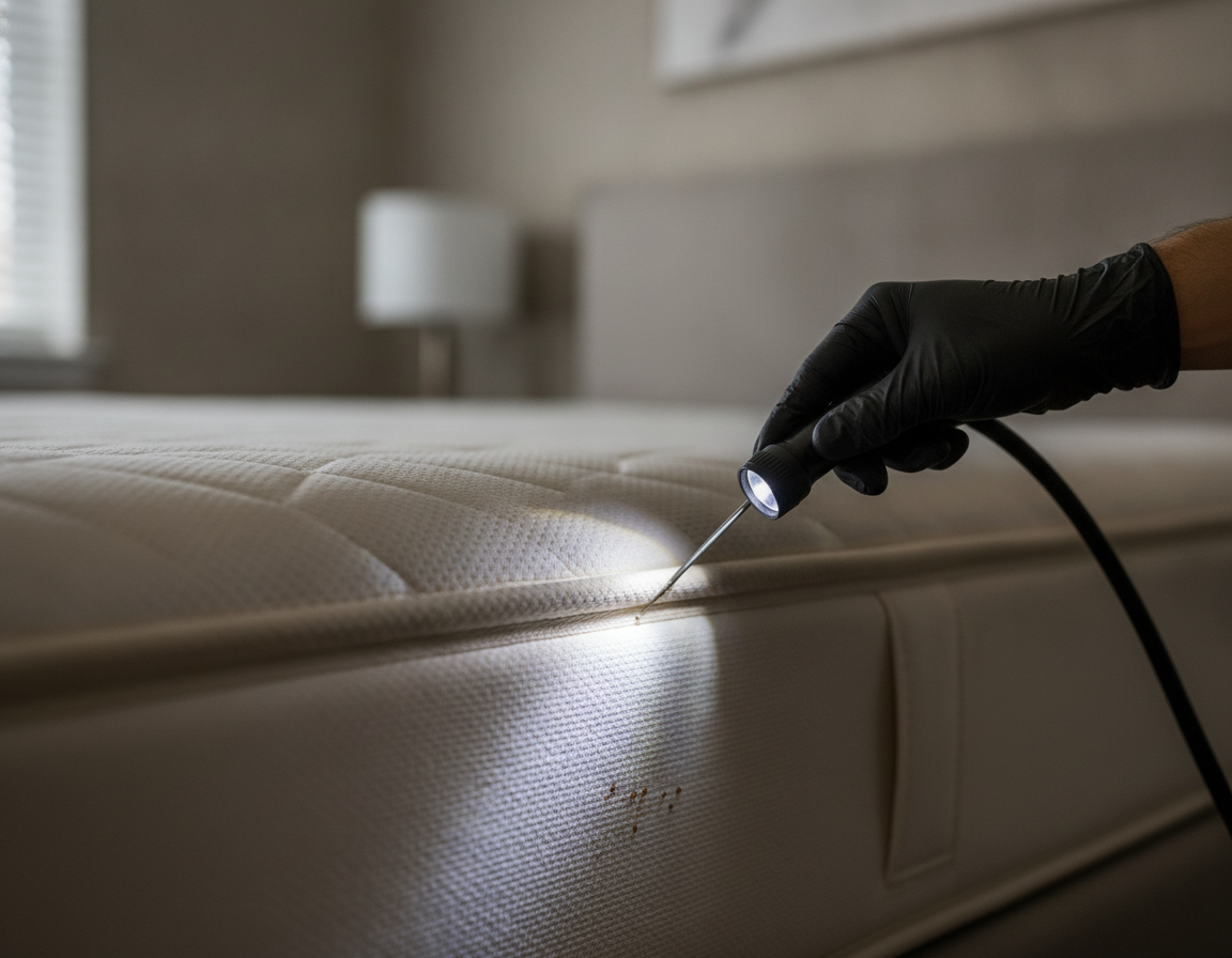 Close-up bed bug inspection of a mattress seam in Oshawa for a precise local pest control quote
